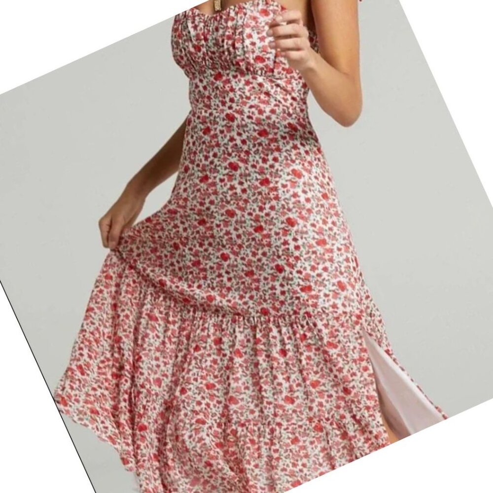 SHOWPO "Monaco" Midi Strappy Empire Sheer Woven Tiered Floral Red/White Size 14